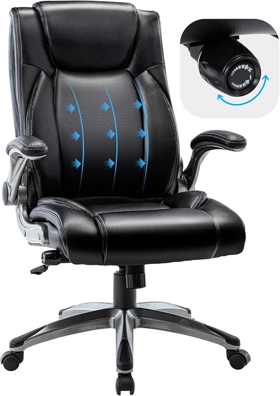 Office Chair Ergonomic Computer Chair, Executive Desk Chair with Adjustable Lumbar Support and Flip-up Arms, Swivel Rolling Work Chair-Black - LeafyLoom