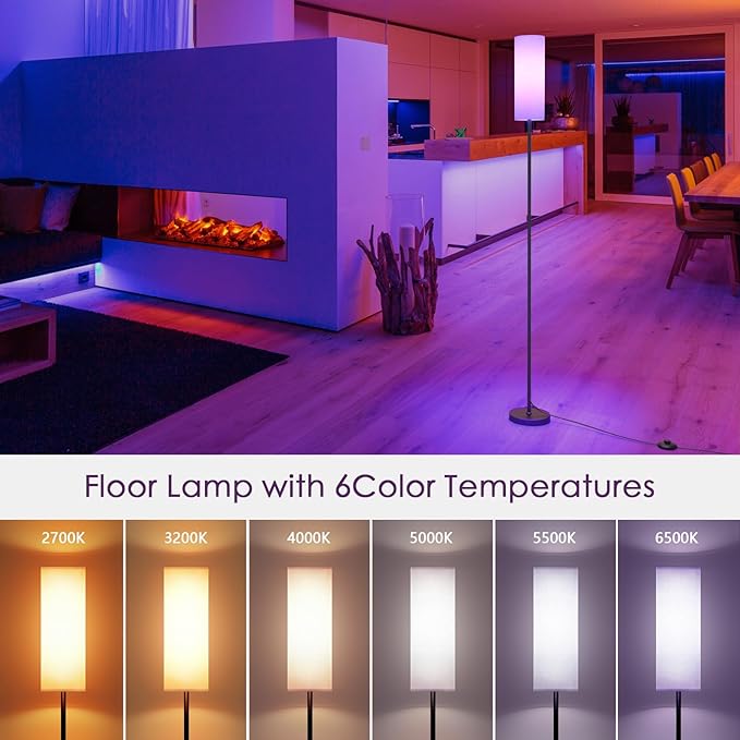 Floor Lamps for Living Room, Modern Floor Lamp with RGB LEDs Bulb,Dimmable Floor Lamp with App Control & Remote Control,Tall Reading Lamp for Bedroom, Living Room, Office,Linen lampshade - LeafyLoom