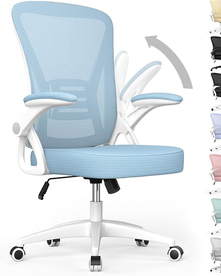 naspaluro Ergonomic Office Chair, Mid Back Desk Chair with Adjustable Height, Swivel Chair with Flip-Up Arms and Lumbar Support, Breathable Mesh Computer Chair for Home/Study/Working, Blue - LeafyLoom