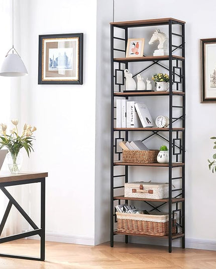 HOMISSUE Tall Bookshelf, Industrial 7-Tier Bookshelf with Unique Design, Open Bookshelves and Bookcases, Freestanding Book Shelf Bookcase for Living Room, Home Office and Bedroom, Rustic Brown - LeafyLoom