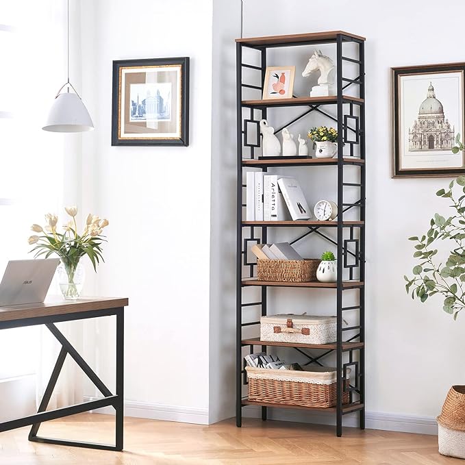 HOMISSUE Tall Bookshelf, Industrial 7-Tier Bookshelf with Unique Design, Open Bookshelves and Bookcases, Freestanding Book Shelf Bookcase for Living Room, Home Office and Bedroom, Rustic Brown - LeafyLoom