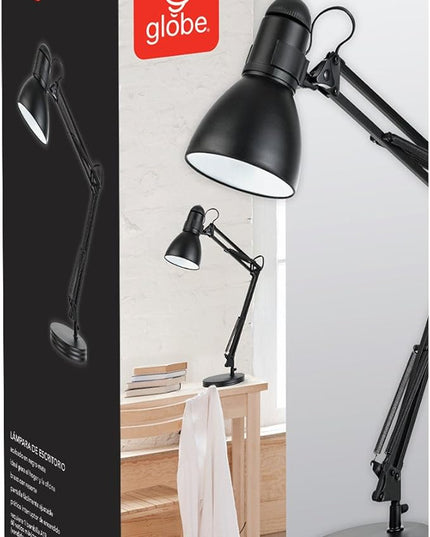 Globe Electric 5698601 28" Heavy Base Top Moving Spring Balanced Swing Arm Desk Lamp, Black, On/Off Rotary Switch on Shade, Office Decor, Reading Light, Home Essentials, Room Lighting - LeafyLoom