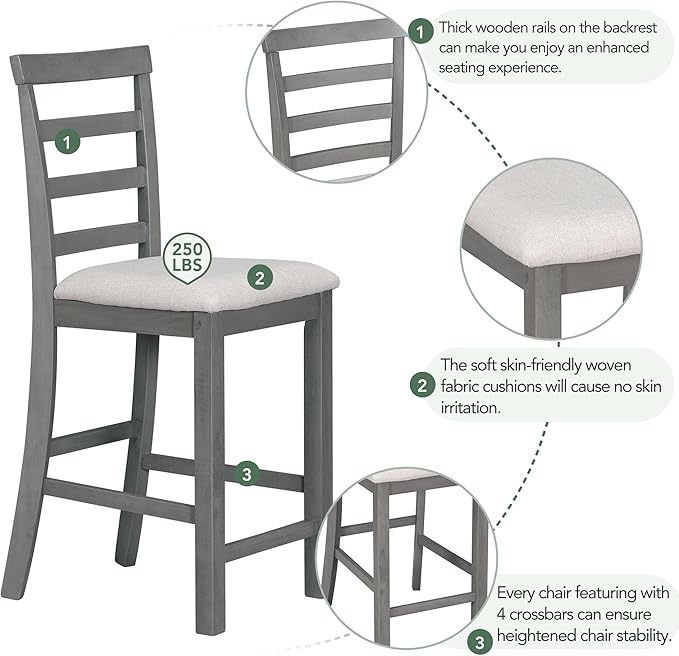 5 Piece Industrial Dinette Sets Wooden Kitchen Dining Table and 5 Matching Upholstered Chairs, for Diningroom Living Room, Easy to Assemble, Gray 2 - LeafyLoom