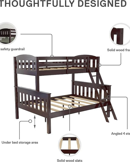 DHP Airlie Convertible Wood Bunk Bed, Stackable and Detachable Bed Frames for Kids and Teens, with Angled Ladder, High Guardrail, Wood Slats, No Boxspring Required, Twin-Over-Full, Espresso - LeafyLoom