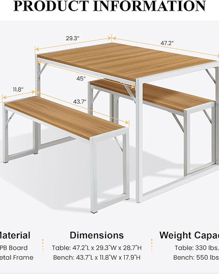 SHA CERLIN 3-Piece Dining Table Set with 2 Benches, Rustic Kitchen Table Set for 4-6, Space-Saving Dinette, Sturdy Structure, Easy Assemble, Maple/White - LeafyLoom