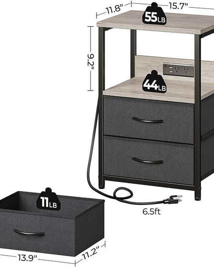 Seventable Nightstand set of 2 with Charging Station, Bedside table with LED Lights, Night stand with 2 Fabric Drawers, 3-Tier Storage End Table for Bedroom, Greige - LeafyLoom