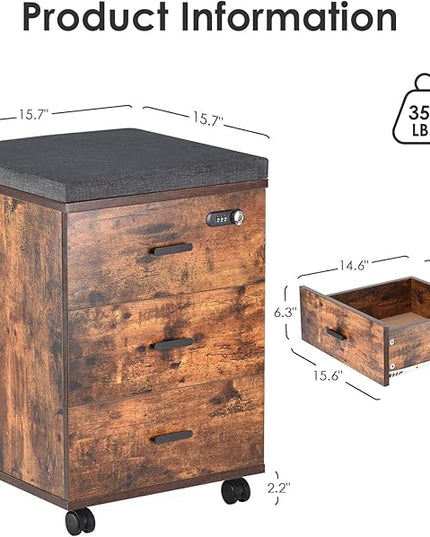 Soohow 3 Drawers Vertical Detachable Cushion Mobile Under Desk File Cabinet with Smart Lock/Casters,Rustic-Black, Large, Brown - LeafyLoom