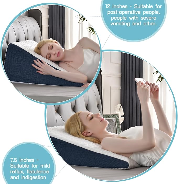 7.5" Bed Wedge Pillow with Cooling Memory Foam Top for Headboard, Triangle Pillow for Sleeping to Relieve Acid Reflux, Heartburn, Snoring and GERD, Reduce Neck and Back Pain - LeafyLoom