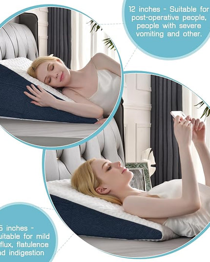 12" Bed Wedge Pillow with Cooling Memory Foam Top for Headboard, Triangle Pillow for Sleeping to Relieve Acid Reflux, Heartburn, Snoring and GERD, Reduce Neck and Back Pain - LeafyLoom
