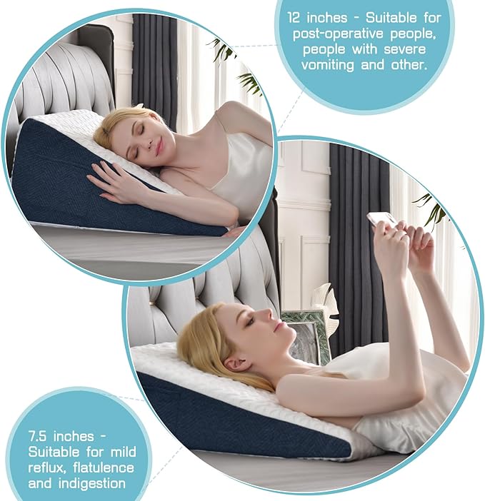 12" Bed Wedge Pillow with Cooling Memory Foam Top for Headboard, Triangle Pillow for Sleeping to Relieve Acid Reflux, Heartburn, Snoring and GERD, Reduce Neck and Back Pain - LeafyLoom