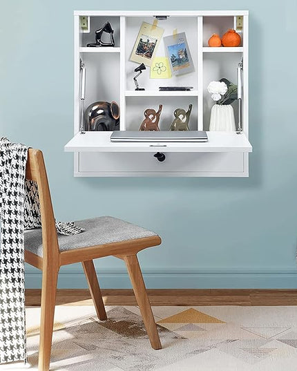 2 in 1 Foldable Tabletop, Folding Wall Mount Laptop Storage Compartments Space Saving Floating Desk, Small, White - LeafyLoom