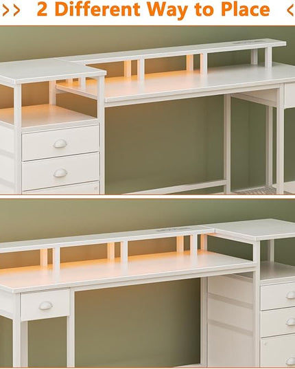 Furologee White Computer Desk with Drawers, 60" Office Long Desk with Fabric File Cabinet and Power Outlets, Gaming Desk with LED Lights, Study Writing Work Desk for Home Office, White - LeafyLoom