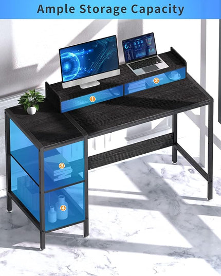 Computer Desk - 38” Gaming Desk, Home Office Desk with Storage, Small Desk with Monitor Stand, Writing Desk for 2 Monitors, Adjustable Storage Space, Modern Design Corner Table, Black. - LeafyLoom