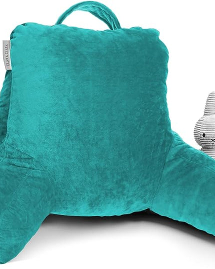 Clara Clark Reading Pillow for Kids, Small Back Pillow for Sitting Up in Bed, Memory Foam Back Support Pillow, Reading Pillows for Sitting in Bed Teal Gaming Pillow for Bed Chair with Arms and Pockets - LeafyLoom