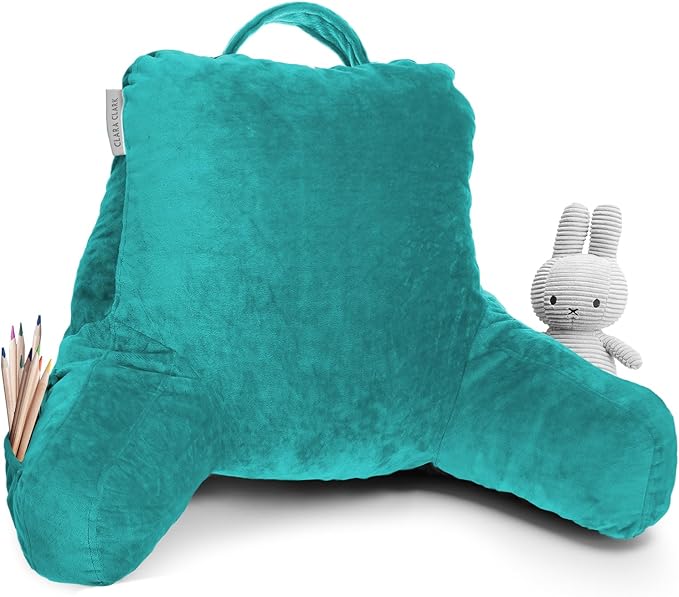 Clara Clark Reading Pillow for Kids, Small Back Pillow for Sitting Up in Bed, Memory Foam Back Support Pillow, Reading Pillows for Sitting in Bed Teal Gaming Pillow for Bed Chair with Arms and Pockets - LeafyLoom