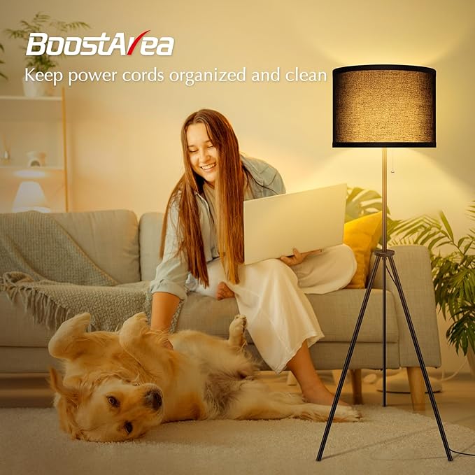 BoostArea Floor Lamp for Living Room,59.5" Tripod Floor Lamp, Black Linen Lamp Shade, Mid Century Standing Lamp for Living Room, Bedroom, Study Room and Office（Bulbs Not Included） - LeafyLoom
