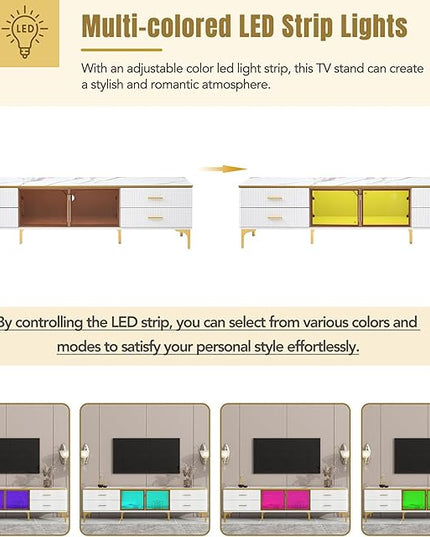 Merax Stylish LED TV Stand for Televisions Up to 78'', Entertainment Center with Brown Glass Storage Cabinet, Marble-veined Table Top, Golden Legs & Handles for Living Room, White - LeafyLoom