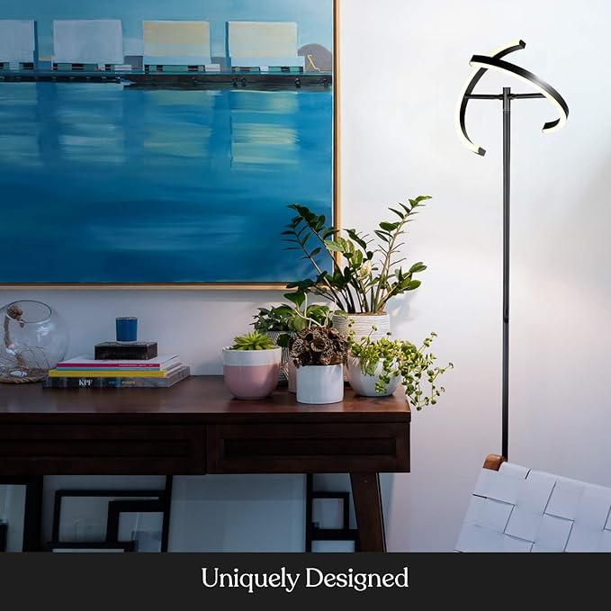 Brightech Halo Split Modern Bright LED Torchiere Floor Lamp for Offices - Dimmable, Tall Standing Lamp for Living Room or Bedroom - Adjustable Light w/Rotating Angles - Jet Black - LeafyLoom