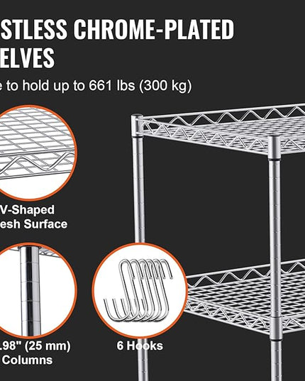 VEVOR Kitchen Utility Cart, 3 Tiers, Wire Rolling Cart with 661 LBS Capacity, Steel Service Cart on Wheels, Metal Storage Trolley with 80 mm Deep Basket Curved Handle 6 Hooks, NSF Listed - LeafyLoom