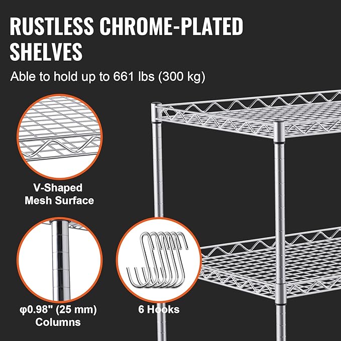 VEVOR Kitchen Utility Cart, 3 Tiers, Wire Rolling Cart with 661 LBS Capacity, Steel Service Cart on Wheels, Metal Storage Trolley with 80 mm Deep Basket Curved Handle 6 Hooks, NSF Listed - LeafyLoom