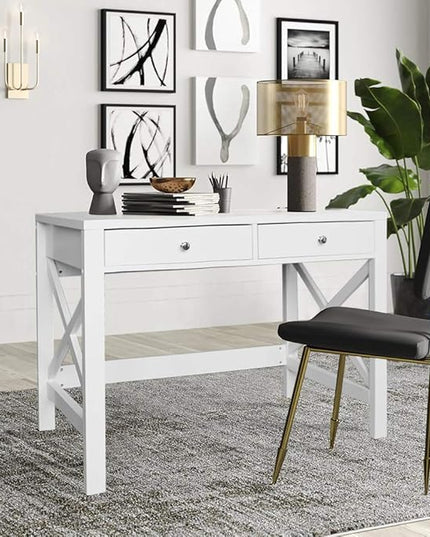 ChooChoo Computer Desk Study for Home Office, Modern Simple 40 Inches White Desk with Drawers, Makeup Vanity Console Table - LeafyLoom