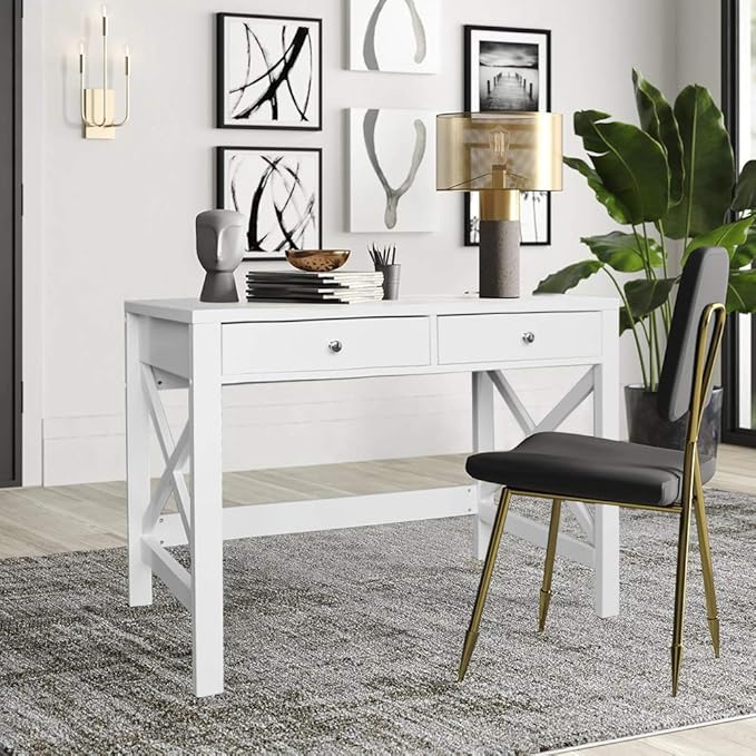 ChooChoo Computer Desk Study for Home Office, Modern Simple 40 Inches White Desk with Drawers, Makeup Vanity Console Table - LeafyLoom
