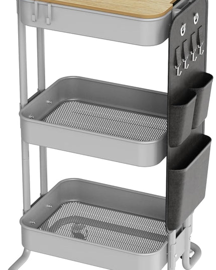 DTK 3 Tier Metal Utility Rolling Cart with Table Top and Side Bags, Tray Storage Organizer Wheels, Art Craft 4 Hooks for Kitchen Bathroom Office Living Room(Grey) - LeafyLoom