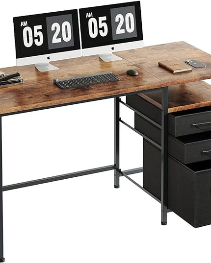 Computer Desk with Drawers, 47 Inch Desk with 2 Drawers and Shelves, Office Desk with Storage, Desk with Storage Bag, Home Office desks with Drawers, Metal Frame for PC Laptop, Rustic Brown - LeafyLoom