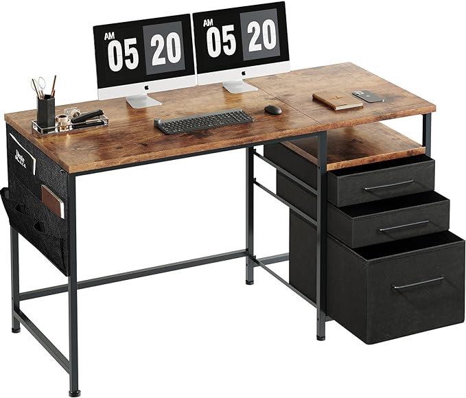 Computer Desk with Drawers, 47 Inch Desk with 2 Drawers and Shelves, Office Desk with Storage, Desk with Storage Bag, Home Office desks with Drawers, Metal Frame for PC Laptop, Rustic Brown - LeafyLoom