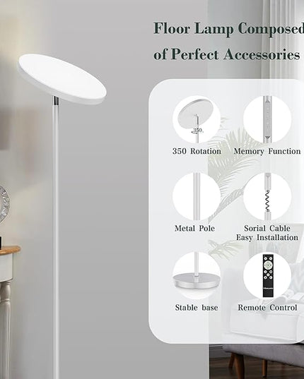 LED Floor Lamp, 30W/2500LM Super Bright Standing Light, Modern Torchiere Sky Lamp with 4 Color Temperatures, Remote Touch Control, Corner Lighting for Living Room, Bedroom, Office, Silver Grey - LeafyLoom