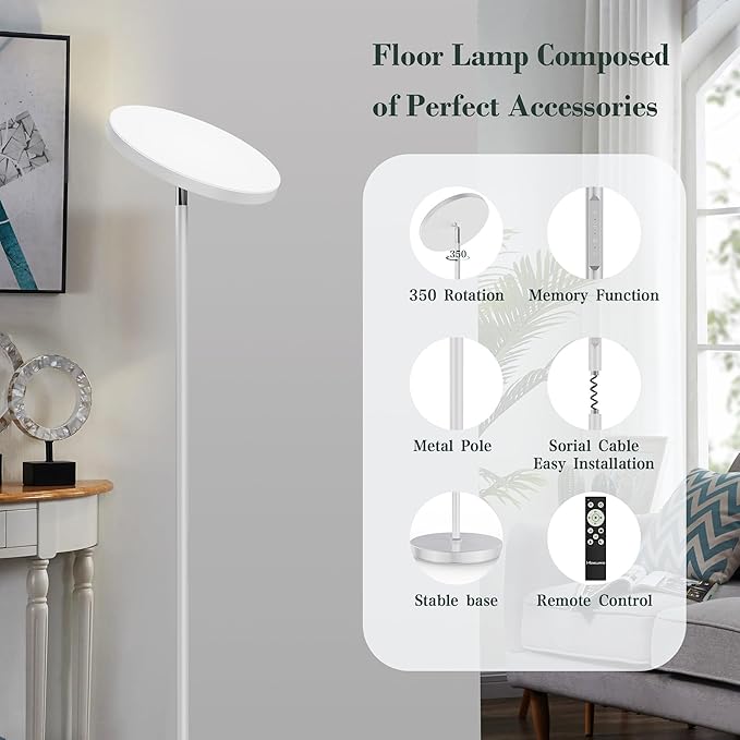 LED Floor Lamp, 30W/2500LM Super Bright Standing Light, Modern Torchiere Sky Lamp with 4 Color Temperatures, Remote Touch Control, Corner Lighting for Living Room, Bedroom, Office, Silver Grey - LeafyLoom