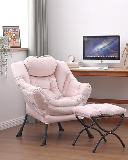 Lazy Chair and Ottoman, Large Accent Lounge Chair with Armrests and a Side Pocket, Modern Leisure Upholstered Sofa Reading Armchair with Footrest for Bedroom, Living Room, Dorm Rooms, Office - LeafyLoom