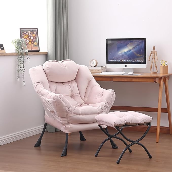 Lazy Chair and Ottoman, Large Accent Lounge Chair with Armrests and a Side Pocket, Modern Leisure Upholstered Sofa Reading Armchair with Footrest for Bedroom, Living Room, Dorm Rooms, Office - LeafyLoom