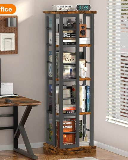 EasyCom Rotating Bookshelf with Metal Frame, 360 Display Wood Revolving Bookcase, 4-Tier Corner Bookshelf with Storage, Floor Standing Spinning Bookshelf for Living Room, Office, Brown - LeafyLoom