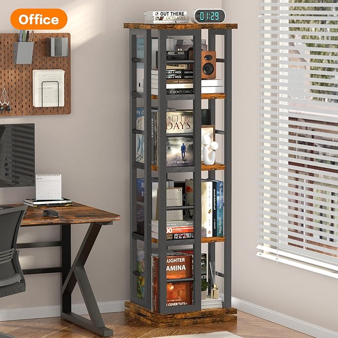 EasyCom Rotating Bookshelf with Metal Frame, 360 Display Wood Revolving Bookcase, 4-Tier Corner Bookshelf with Storage, Floor Standing Spinning Bookshelf for Living Room, Office, Brown - LeafyLoom