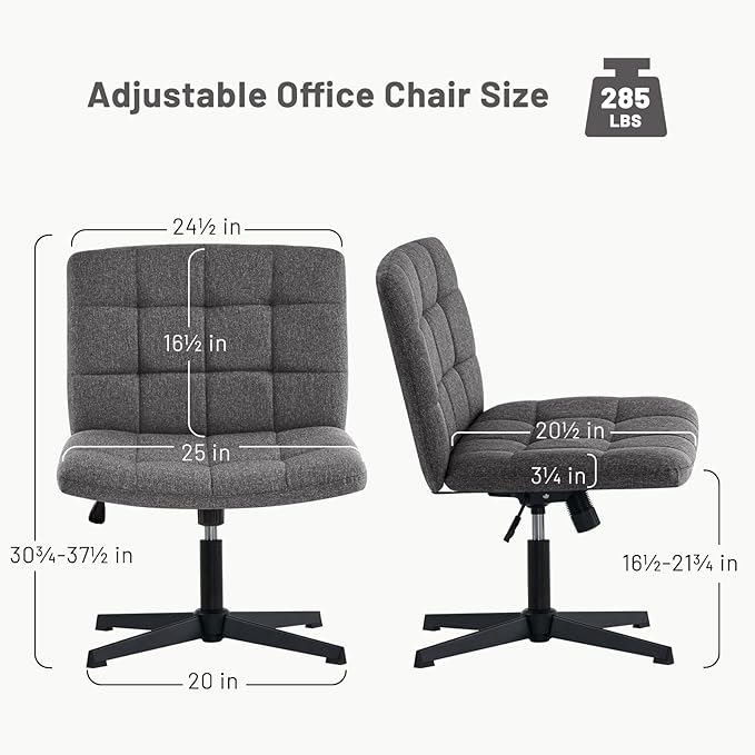 Furniliving Criss Cross Wide Chair, Comfy Legged Desk Chair No Wheels Armless Modern Swivel Chair with Mid Back, Height Adjustable Wide Seat for Home Office Vanity, Grey - LeafyLoom
