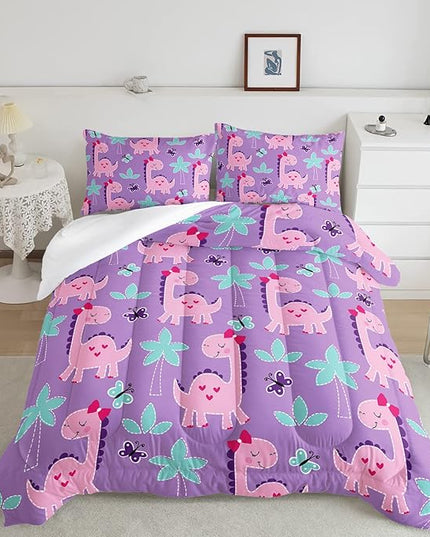 Axolotl Cute Dinosaur Comforter Set Full Size,Girls Bedding Cartoon Dinosaur Bedding Set for Girls Teens Kids Boys Adults Room Decor,Kids Comforter Set All Season,1 Quilt 2 Pillow Cases,Purple - LeafyLoom