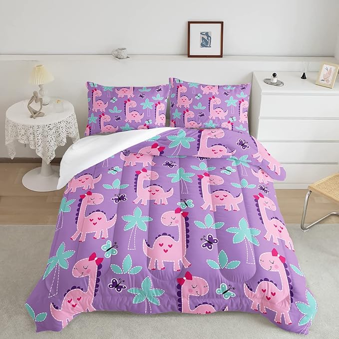 Axolotl Cute Dinosaur Comforter Set Full Size,Girls Bedding Cartoon Dinosaur Bedding Set for Girls Teens Kids Boys Adults Room Decor,Kids Comforter Set All Season,1 Quilt 2 Pillow Cases,Purple - LeafyLoom