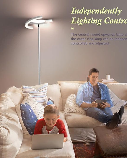 FIMEI Modern LED Floor Lamp Saturn Ring Original Design, Stepless Dimming and 3 Color Temperature, Rotatable and Independent Control of Round Light and Ring Light for Living Room Bedroom Office, White - LeafyLoom