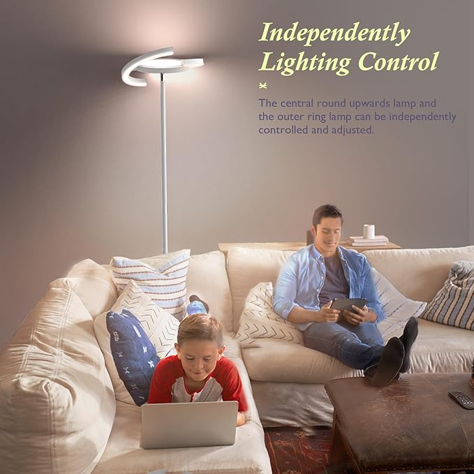 FIMEI Modern LED Floor Lamp Saturn Ring Original Design, Stepless Dimming and 3 Color Temperature, Rotatable and Independent Control of Round Light and Ring Light for Living Room Bedroom Office, White - LeafyLoom