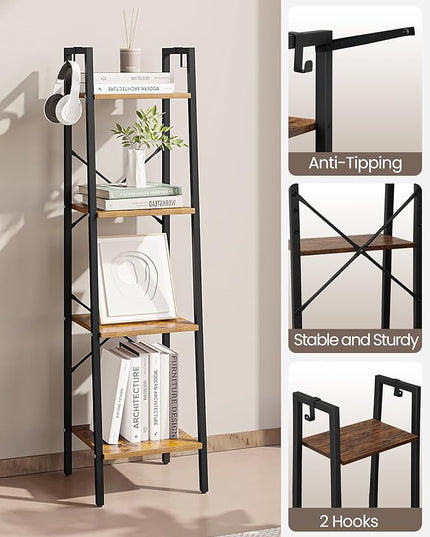 Ladder Shelf, Bookshelf Bookcase, Freestanding Corner Storage Shelve with 2 Hooks for Home Office, Living Room, Kitchen, Bedroom, Industrial, 4-Tier Rustic Brown BC13201B - LeafyLoom