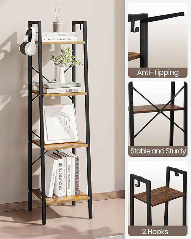 Ladder Shelf, Bookshelf Bookcase, Freestanding Corner Storage Shelve with 2 Hooks for Home Office, Living Room, Kitchen, Bedroom, Industrial, 4-Tier Rustic Brown BC13201B - LeafyLoom
