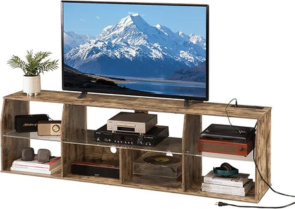VECELO LED TV Stands Power Outlets, Entertainment Center with Glass Shelves, 7 Open Storage, Modern Television Cabinet for Living Room Bedroom, Light Brown, 65inch - LeafyLoom