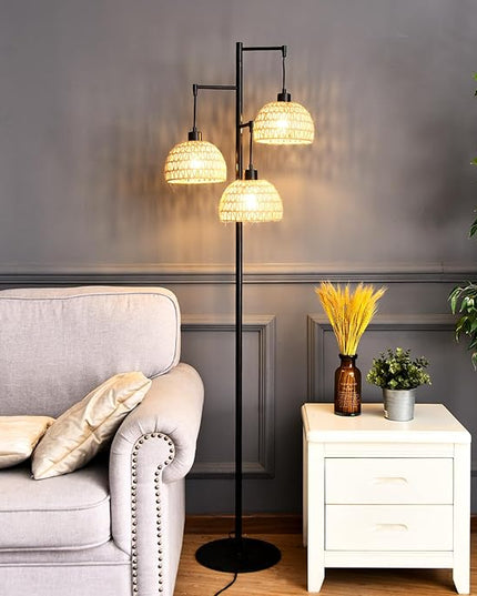 Floor Lamp for Living Room,Bedroom,3-Lights Boho Rattan Floor Lamps,Tree Farmhouse Industrial Black Standing Lamp Wicker Rustic Tall Lamp,Woven Bamboo LampShade Floor Light Bohemian - LeafyLoom
