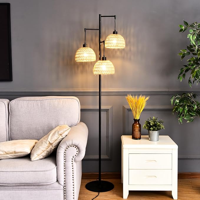 Floor Lamp for Living Room,Bedroom,3-Lights Boho Rattan Floor Lamps,Tree Farmhouse Industrial Black Standing Lamp Wicker Rustic Tall Lamp,Woven Bamboo LampShade Floor Light Bohemian - LeafyLoom