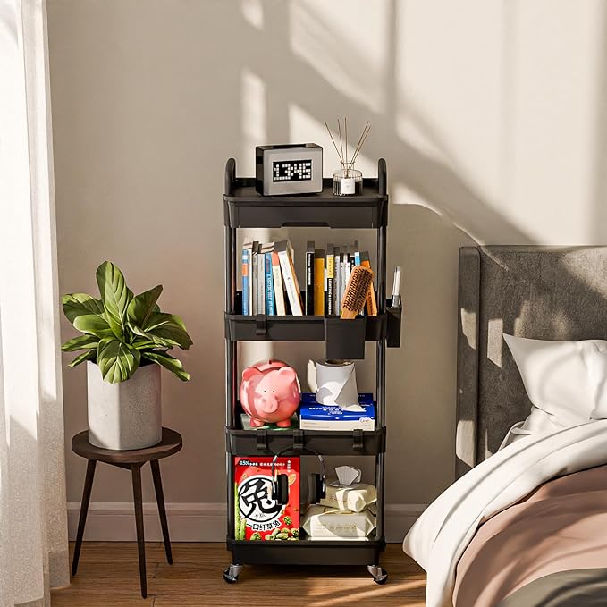 4 Tier Small Rolling Cart Organizer,Art Craft Diaper Bedside Snack Cart Laundry Room Bathroom Organizer Narrow Thin Slim Rolling Trolley Utility Cart with Wheels for Kitchen,Office(Black) - LeafyLoom