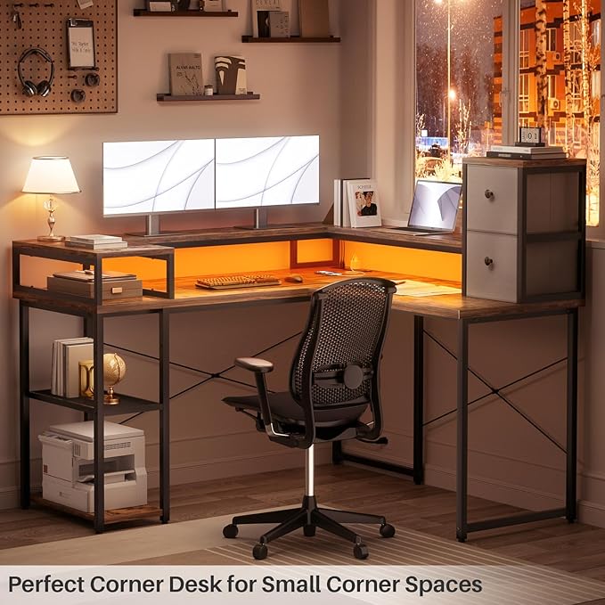armocity L Shaped Desk with Drawers, Reversible Corner Computer Desk with LED Light & Power Outlet, 55.2'' L-Shaped Gaming Desk with Long Monitor Shelf, Home Office Desk for Small Corner Space, Rustic - LeafyLoom