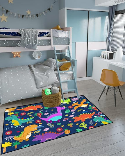 Dinosaur Rugs for Boys Bedroom Dinosaur Play Rug Kids Room Rug Dinosaur Area Rug Cartoon Dinosaur Carpet Cute Dinosaur Mat Dinosaur Rug for Living Room Bedroom Playroom, Blue 3'×4' - LeafyLoom