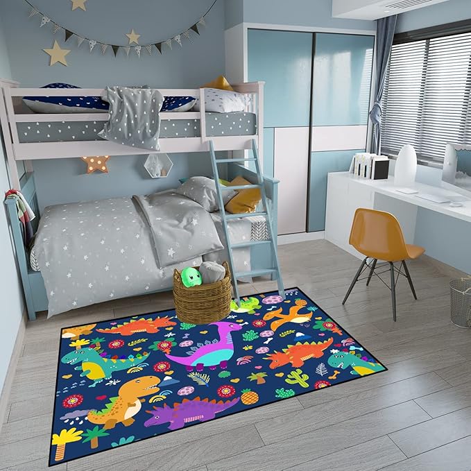 Dinosaur Rugs for Boys Bedroom Dinosaur Play Rug Kids Room Rug Dinosaur Area Rug Cartoon Dinosaur Carpet Cute Dinosaur Mat Dinosaur Rug for Living Room Bedroom Playroom, Blue 3'×4' - LeafyLoom