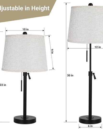 Table Lamps for Living Room Set of 2, Modern Bedside Lamps for Bedroom Height Adjustable Desk Lamp Dimmable Black Nightstand Lamps with Beige Lampshade, Pull Chain Table Lamp for Office Restaurant - LeafyLoom